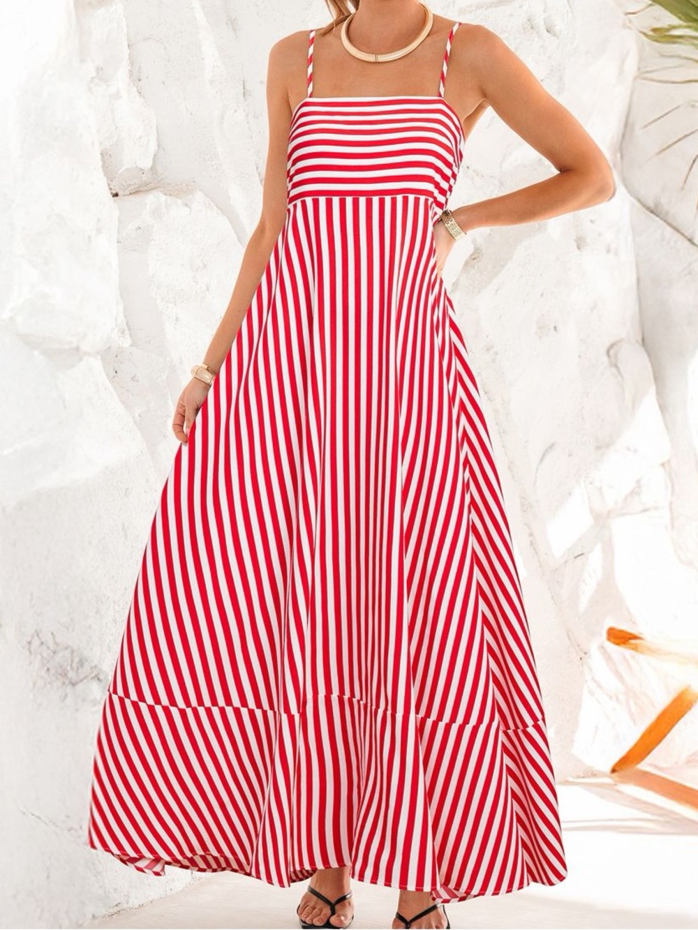 Beautiful Red & White Striped Maxi Dress With Pockets Size M NWOT